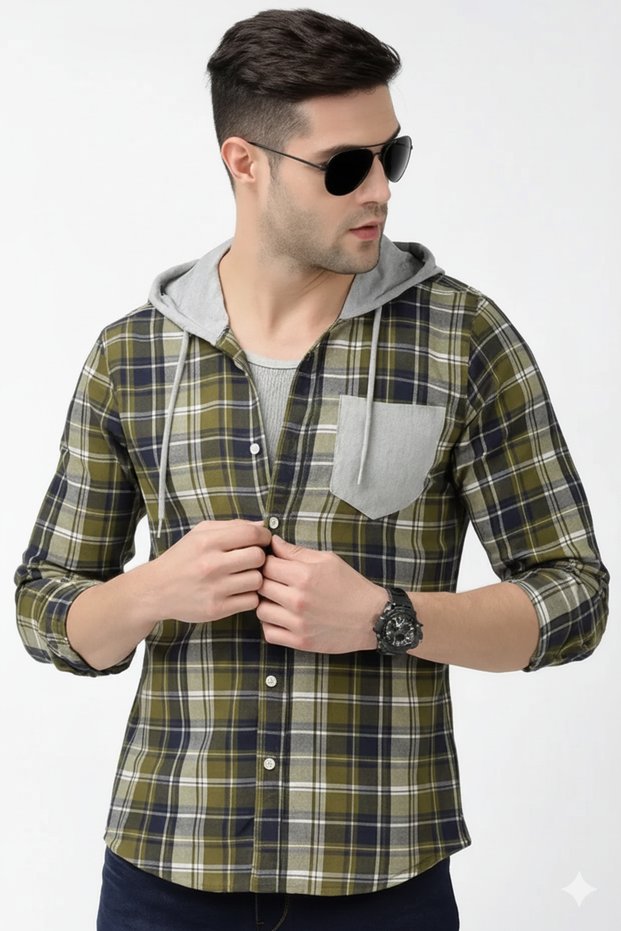 "Men’s Olive Green Checkered Hooded Casual Shirt – Full Sleeve"