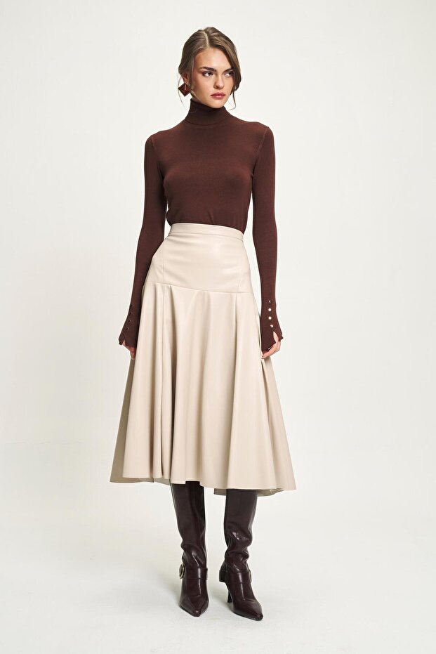 Beige Waist-Fitted Leather Flared Skirt 4068 R4-E-K3