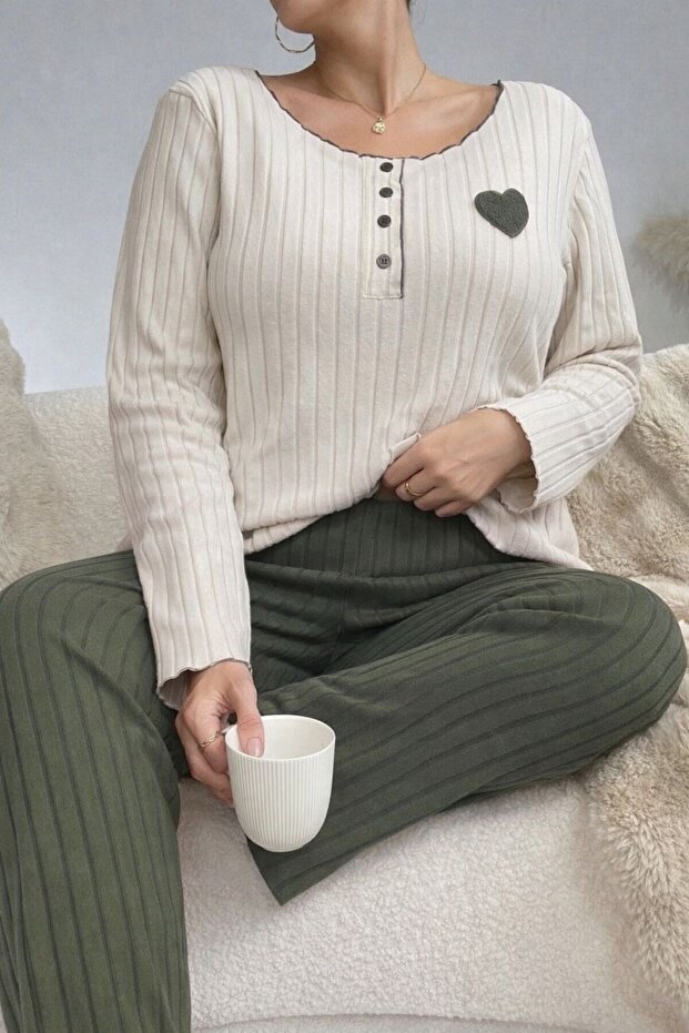 Hímzett zöld pamut szív részletes pizsama szett - 1