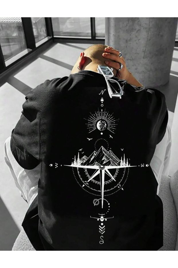 Unisex Daily Compass and Mountain Printed Oversized T-Shirt - Geometric Design Outdoor Cotton T-Shirt