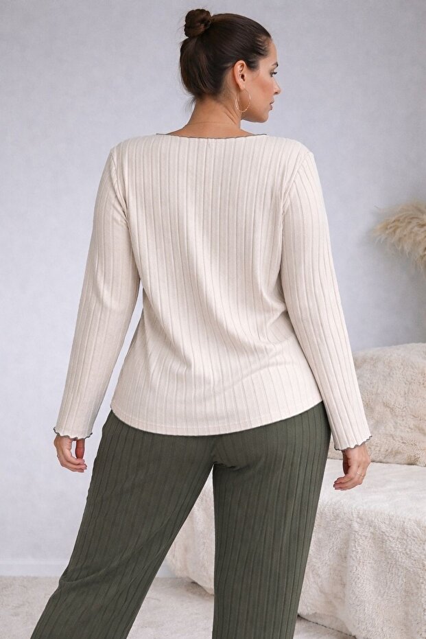 Hímzett zöld pamut szív részletes pizsama szett - 3