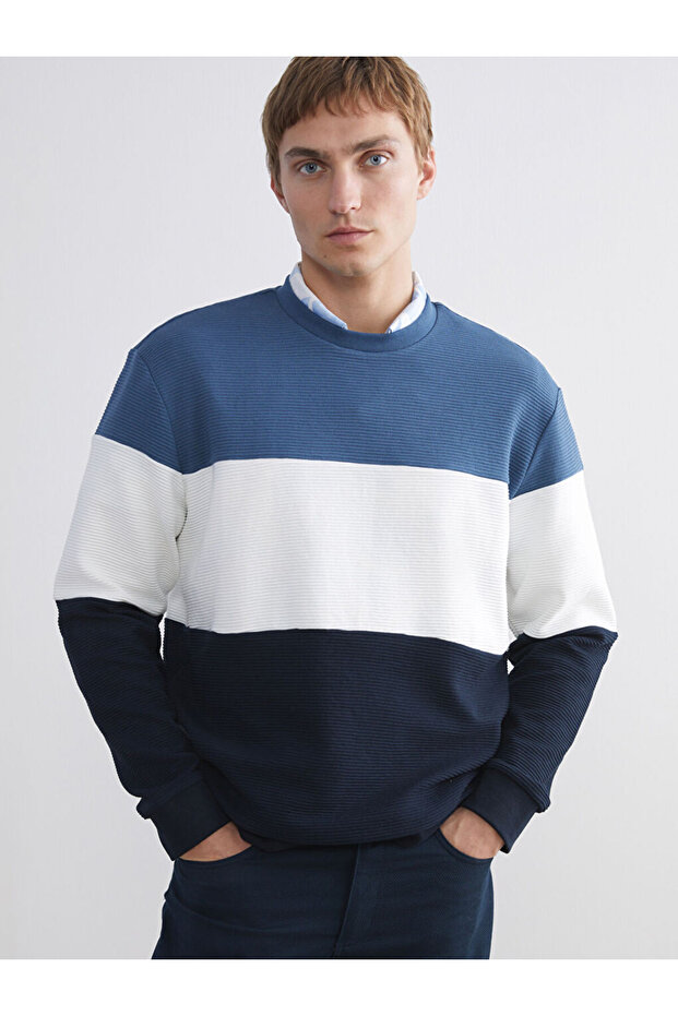 Lcw Vision Blue Crew Neck Color Block Men's Sweatshirt
