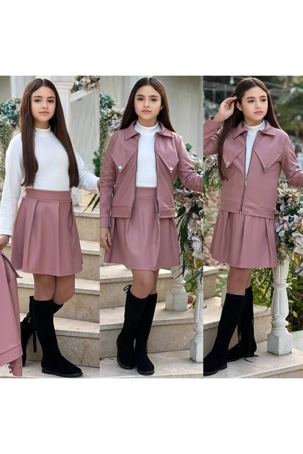 Girl's Powder Pink 3-Piece Leather Set - Jacket - High Neck Sweater - Skirt