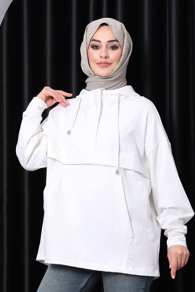 جيب أبيض بسحاب ذو خيطين Ov قصة فضفاضة weat