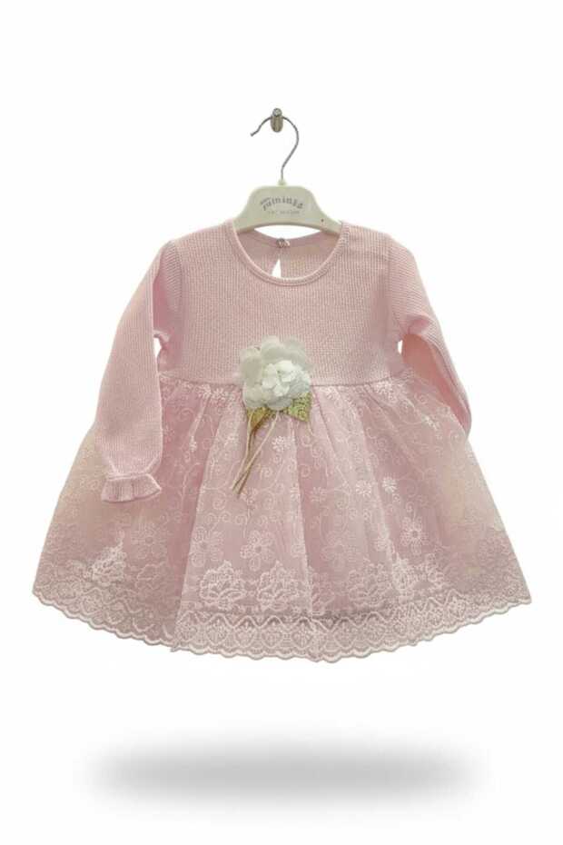 Long Sleeve Lace Tulle Detailed Newborn Baby Dress, Mevlütluk Dress