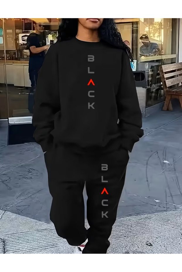 Black Letter Print Top and Bottom Tracksuit Set