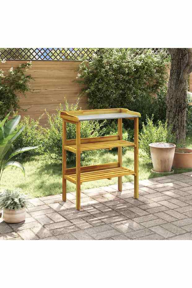 Potting Bench with 2 Shelves Solid Acacia Wood and Zinc