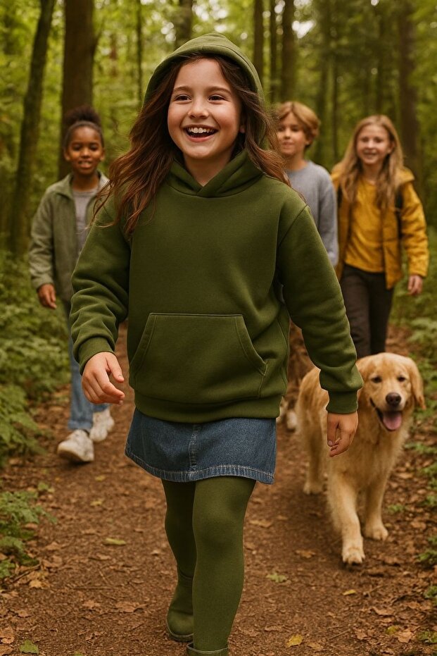 Children's Oversize Sweat-Shirt Hoodie 3 Yarn Fleece-Lined Khaki