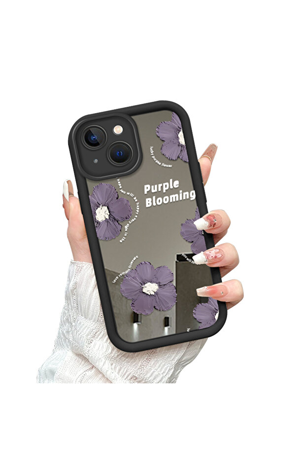 حافظة من السيليكون الأسود المتوافقة مع هاتف iPhone 14 Plus، مقاومة للسقوط، بأنماط زهور ذات وجه مرآة - 3