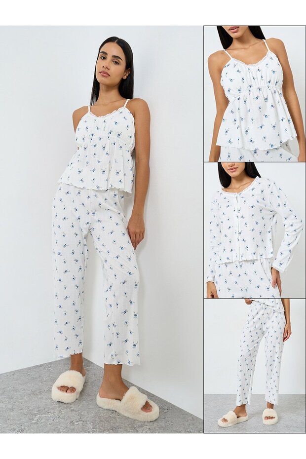 Pack of 3 - Ditsy Floral Ruched Front Lace Detail Cami, Shirt and Pyjama Set