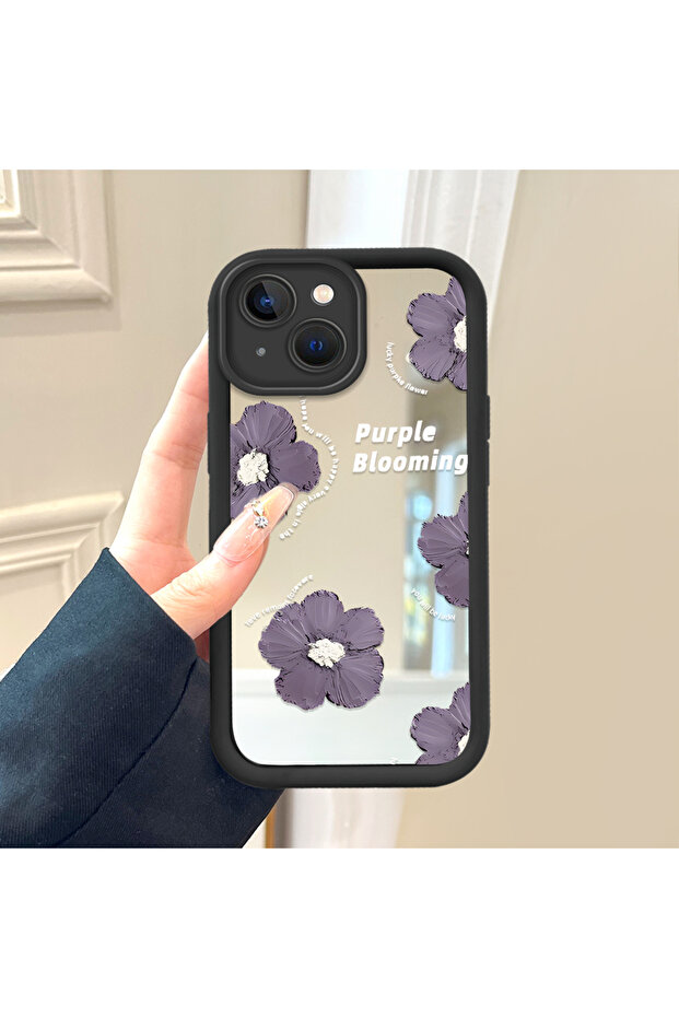 حافظة من السيليكون الأسود المتوافقة مع هاتف iPhone 14 Plus، مقاومة للسقوط، بأنماط زهور ذات وجه مرآة - 2