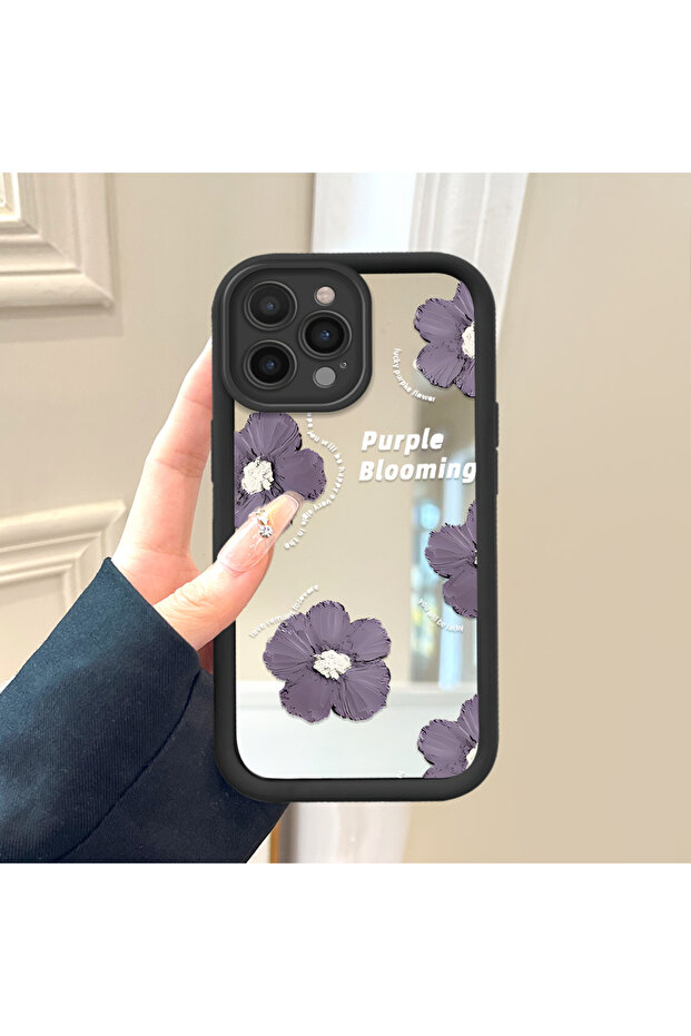 حافظة من السيليكون الأسود المتوافقة مع هاتف iPhone 14 Pro Max، مقاومة للسقوط، بأنماط زهور ذات وجه مرآة - 2