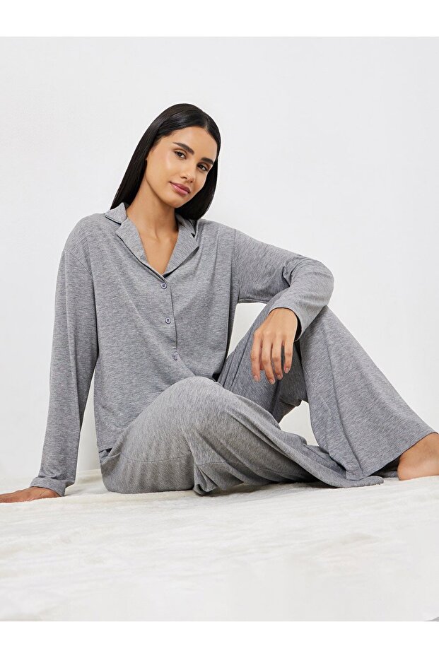 Melange Long Sleeve Shirt and Wide Leg Pyjama Set