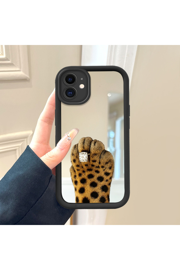 حافظة سيليكون سوداء مقاومة للسقوط متوافقة مع هاتف iPhone 12 بأنماط الفهد ذات الوجه المرآة - 2