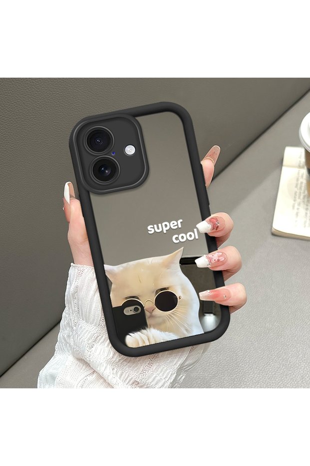 iPhone 16 Compatible Drop-Resistant Black Silicone Case with Mirror Surface and Evil Cat Patterns