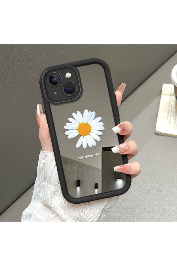 حافظة سيليكون سوداء مقاومة للسقوط متوافقة مع هاتف iPhone 15 بأنماط زهور ذات وجه مرآة - 1