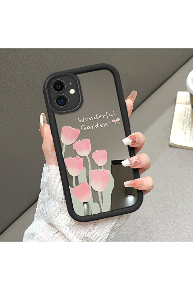 حافظة من السيليكون الأسود المقاوم للسقوط متوافقة مع هاتف iPhone 12، بأنماط زهرة التوليب ذات الوجه المرآة - 1