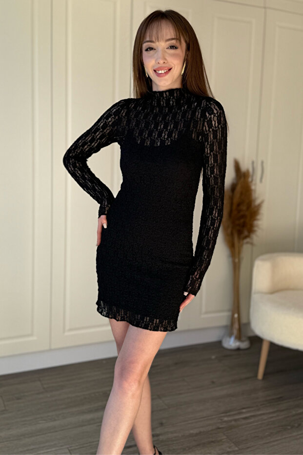Mock Neck Lined Mini Lace Black Dress