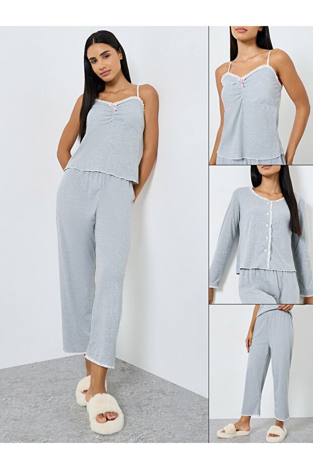Pack of 3 - Ruched Front Lace Detail Cami, Shirt and Pyjama