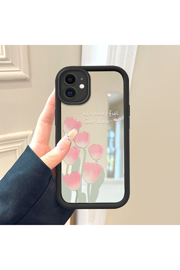 حافظة من السيليكون الأسود المقاوم للسقوط متوافقة مع هاتف iPhone 12، بأنماط زهرة التوليب ذات الوجه المرآة - 2