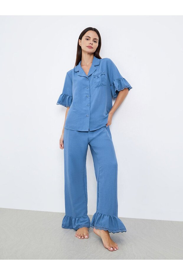 Textured Ruffled Hem Lace Detail Shirt and Pyjama Set