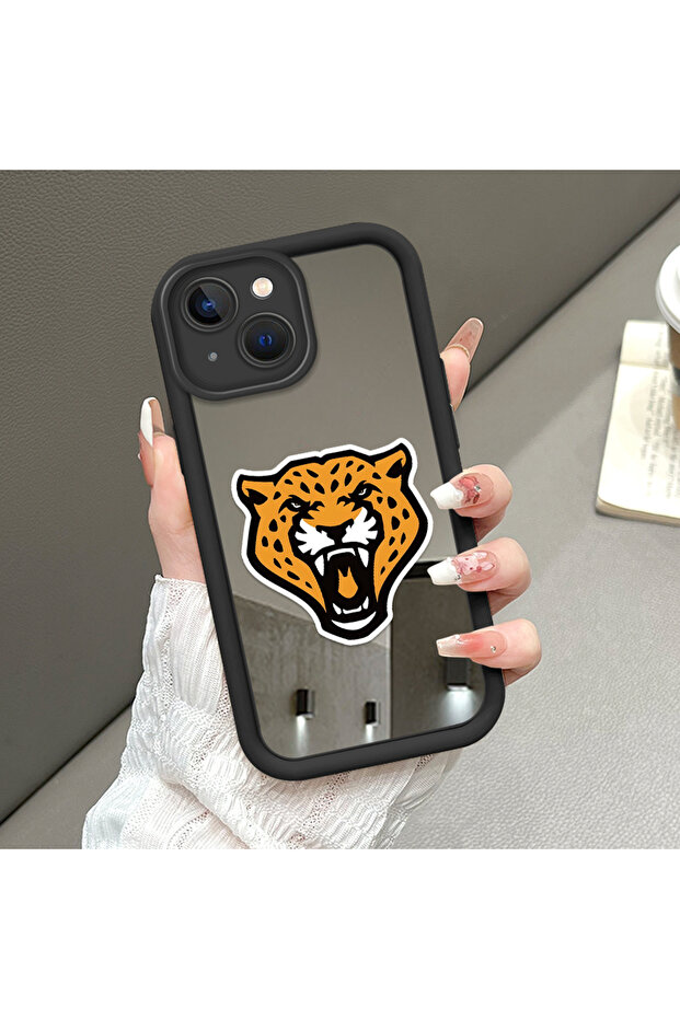 حافظة سيليكون سوداء مقاومة للسقوط متوافقة مع آيفون 15 مع أنماط الفهد ذات الوجه المرآة - 1