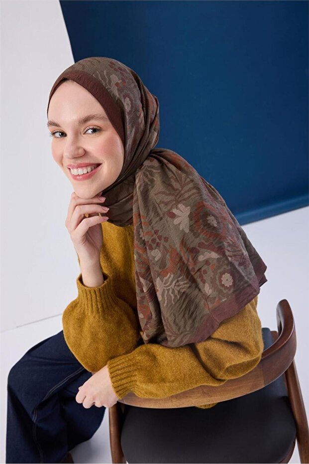 Viscose Blend Mayda Shawl Khaki-Tile Patterned Tok Duruşlu 190X70