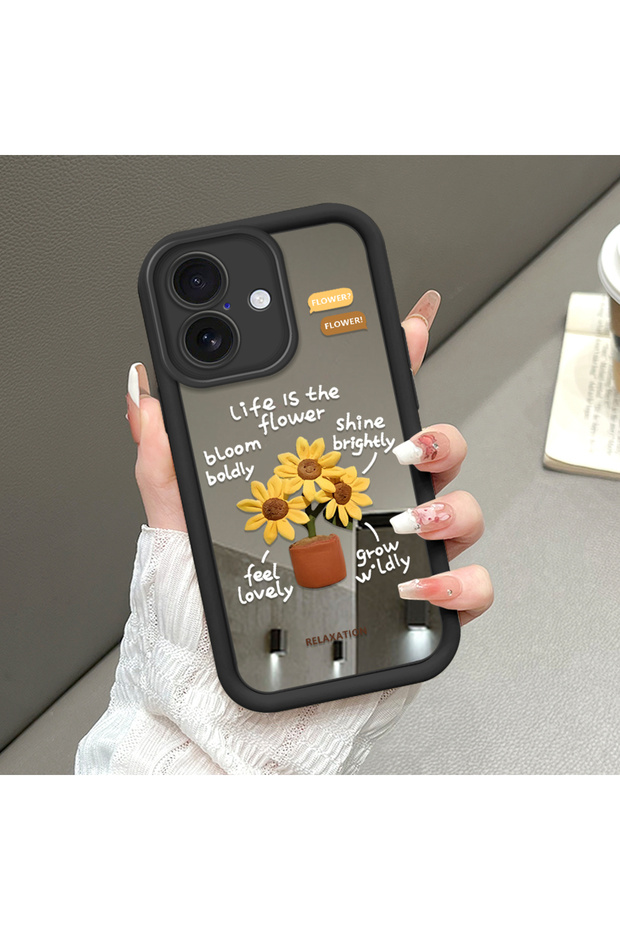 iPhone 16 Compatible Drop-Resistant Black Silicone Case with Mirror Surface and Floral Patterns