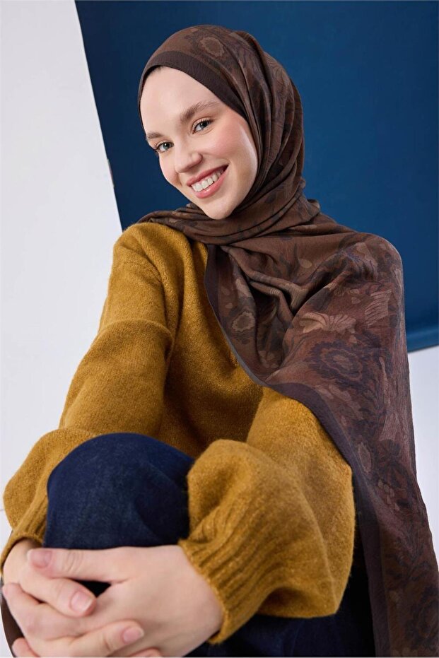Viscose Blend Mayda Shawl Milky Brown-Acid Brown Patterned Tok Duruşlu 190X70