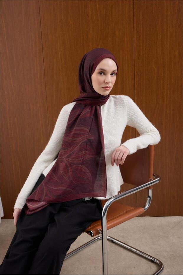 Viscose Blended Mayda Shawl Burgundy Ground Multi-Colored Patterned Tok Duruşlu 190X70