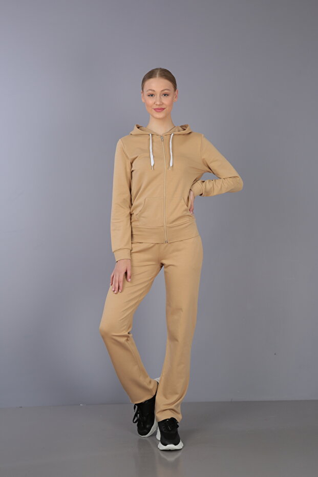 Beige Hooded Front Zipper Tracksuit Set