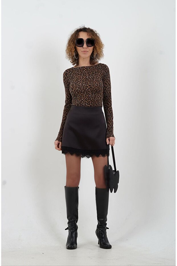 Bitter Brown Lace Detailed Satin Mini Skirt