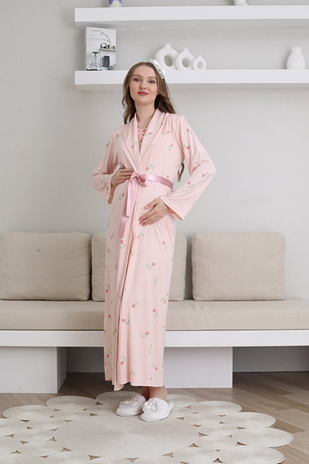 Maternity & Postpartum Robe Nightgown Set with Lace Embroidery and Rose Pattern - Mother and Baby Friendly