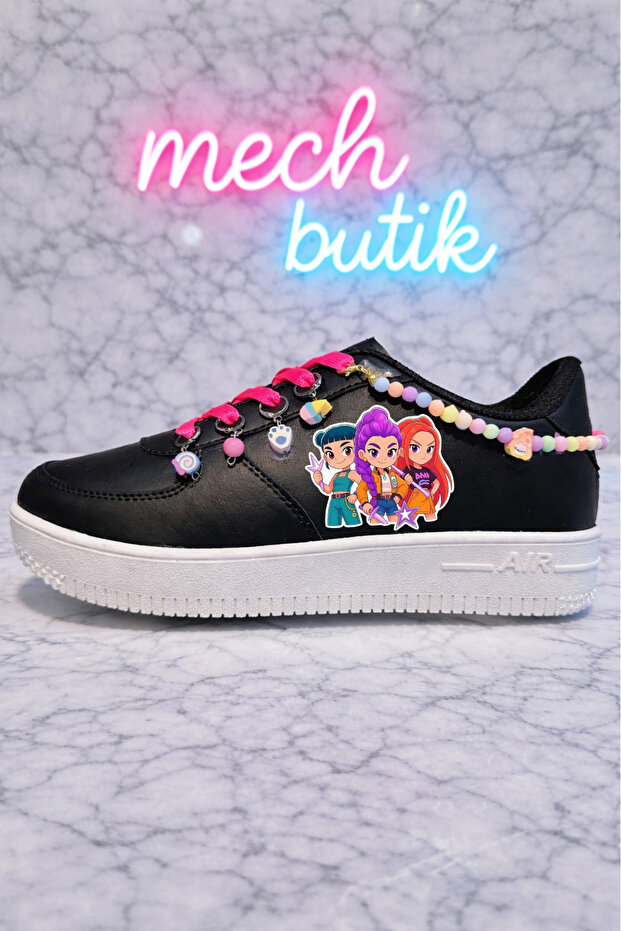 K-Pop Demon Hunter Huntrix Printed Lace-Up Black-White Sneaker Sports Shoes with Beads and Anklet