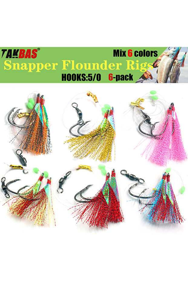 Size5 6Packs 6pcs Snapper Tackle Flasher Rigs, Sabiki Bait Rig, Fishing Leader Hi-Lo Rig with Circl