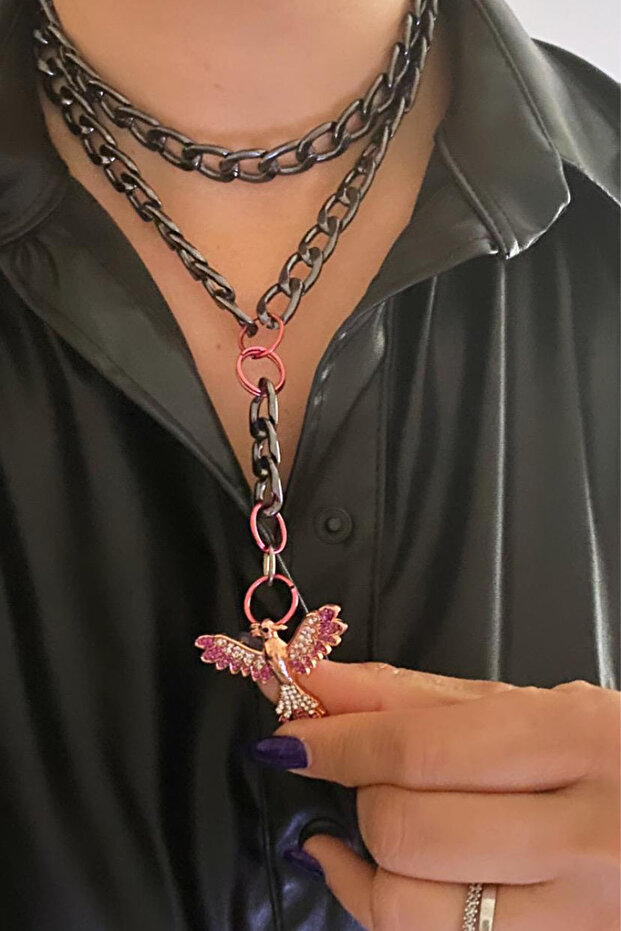 Two Row Black Chain Women's Necklace with Zircon Stone Phoenix Figure