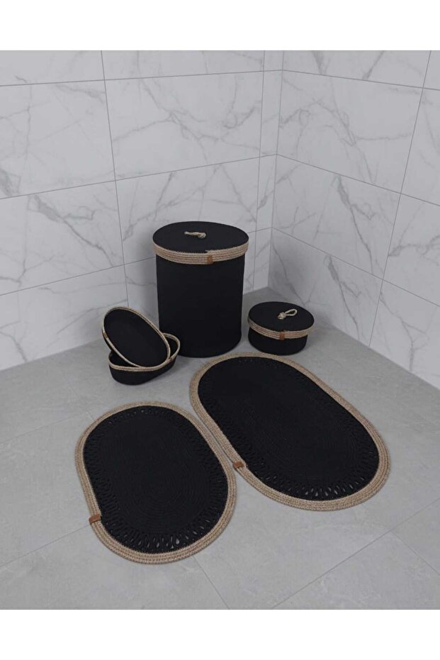 Natural Jute Bathroom Set – 6 Piece Organizer, Mat, and Laundry Basket