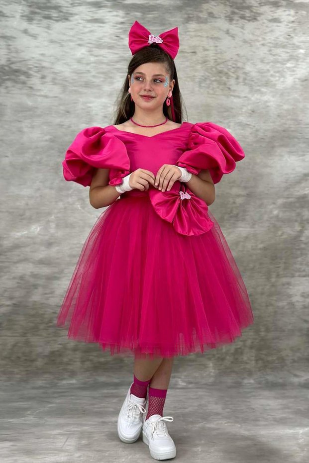 Girl's Satin Fabric Chest with Bow Detail at the Waist Watermelon Sleeves Tulle Fuchsia Evening Dress