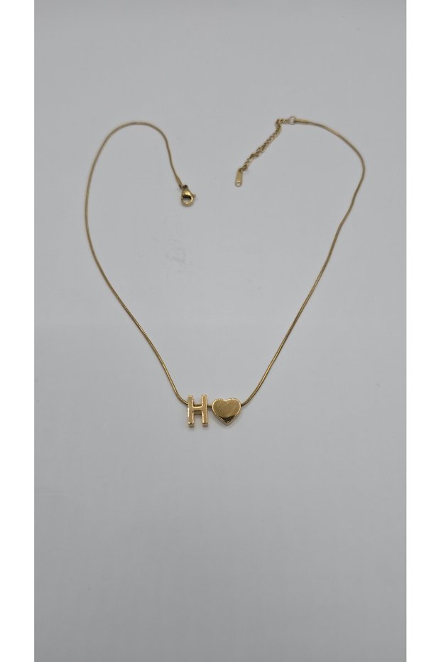 Gold Color-H Letter Necklace with Steel Heart Detail
