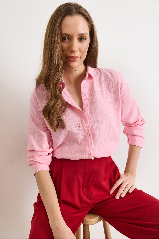 Women's Candy Pink Embroidery Detailed Muslin Shirt Gml-19001333