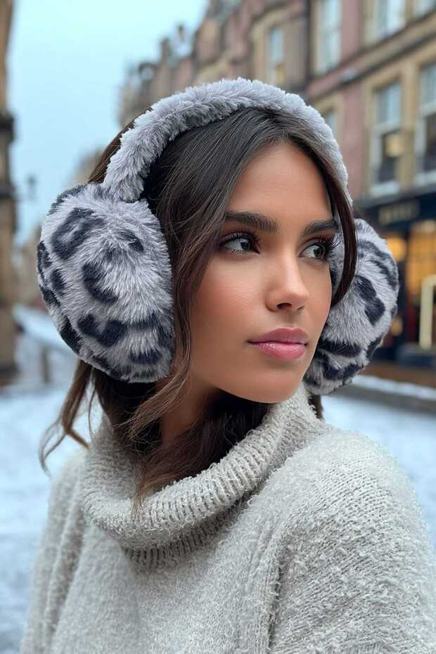 غطاء أذن شتوي فاخر بنمط الفهد للنساء