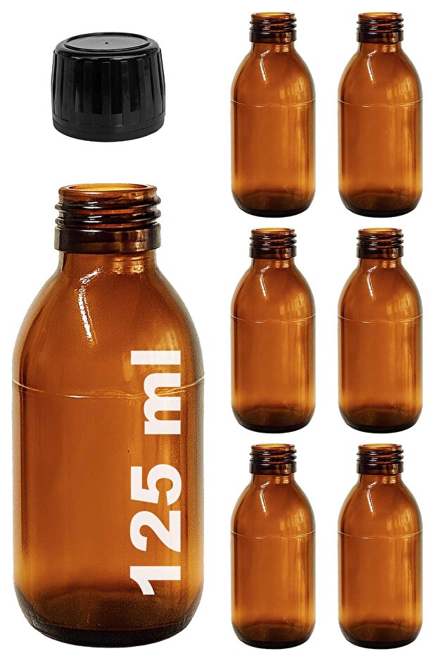 125 ml Round Medicine Syrup Bottle 125 Cc Amber Brown Glass Bottle with Lockable Black Cap 6 Pieces
