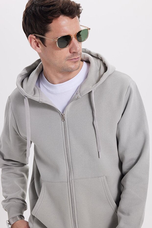 Unisex Relax Fit Comfortable Cut Cotton Fleece Inside Double Pockets Full Zip Stone K Hooded Sweatshirt