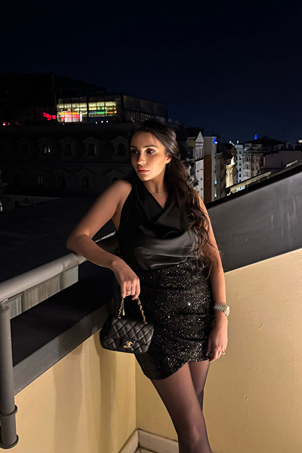 Drape Detay Pullu Etek- SİYAH - 5