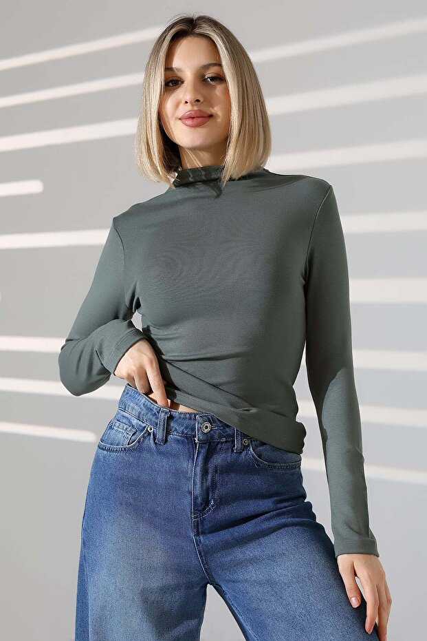 Women's Mock Neck Ribana Long Sleeve Blouse 21950