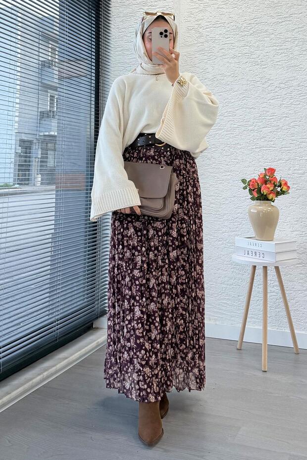 Floral Patterned Belted Chiffon Skirt - Plum