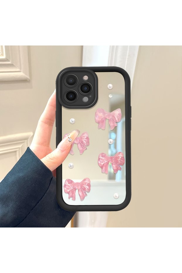 iPhone 14 Pro Compatible Ribbon Button Mirrored Anti-Fall Silicone Phone Case