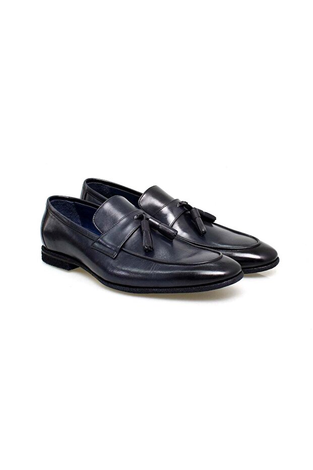 Dark Blue Color Laceless Genuine Leather Men's Shoes