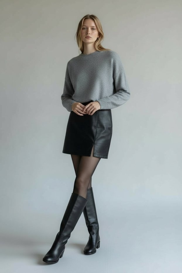 Women's Black Slit Detailed Leather Mini Skirt