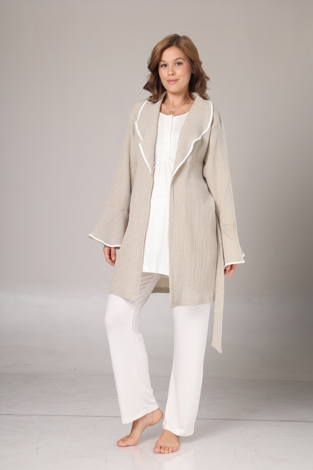3-Piece Maternity Set with Crepe Textured Dressing Gown - Adjustable Waist Maternity Pajama Set